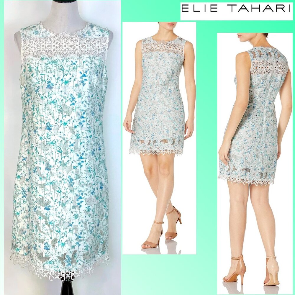 Elie Tahari Ramira Floral & Lace Sheath Summer Dress Sz 12